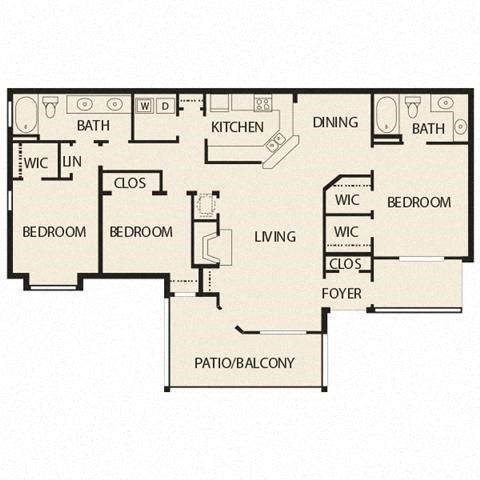 Floor plan for 3 beds, 2 baths, 1532 sqft