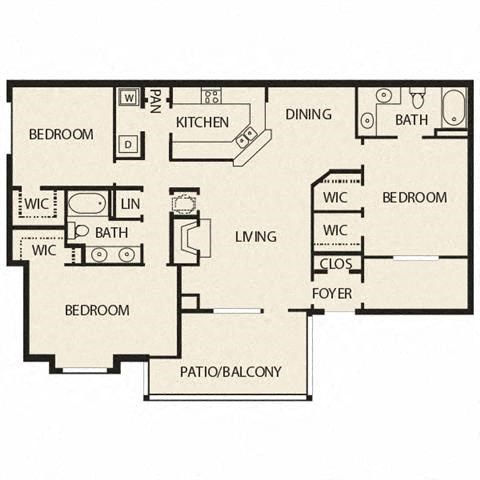 Floor plan for 3 beds, 2 baths, 1540 sqft