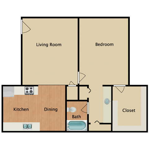 Floor plan for 1 bed, 1 bath, 850 sqft
