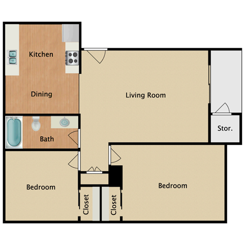 Floor plan for 2 beds, 1 bath, 890 sqft