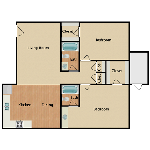 Floor plan for 2 beds, 2 baths, 1080 sqft