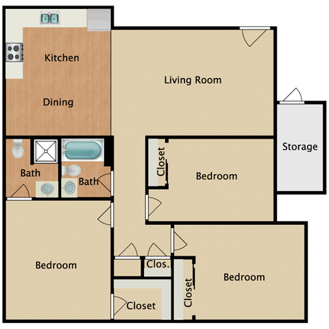 Floor plan for 3 beds, 2 baths, 1190 sqft