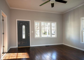Greenville house for rent - A room with a dark door and a ceiling fan.
