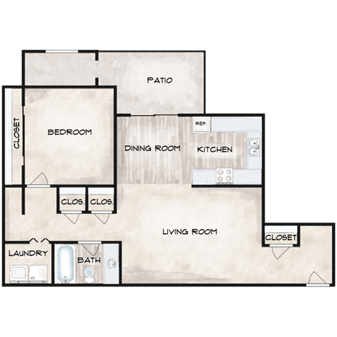 Floor plan for 1 bed, 1 bath, 800 sqft