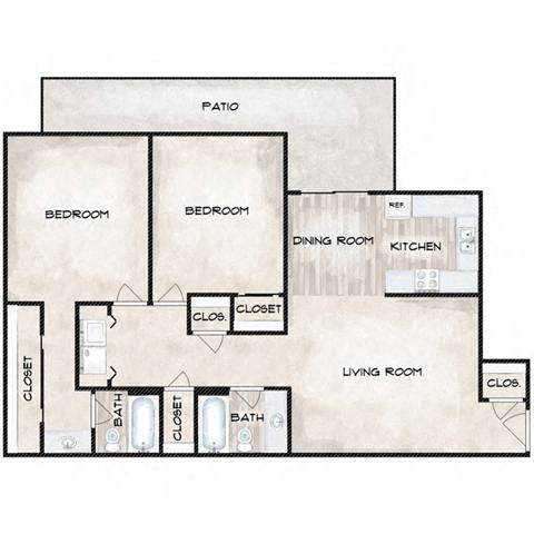 Floor plan for 2 beds, 2 baths, 1100 sqft