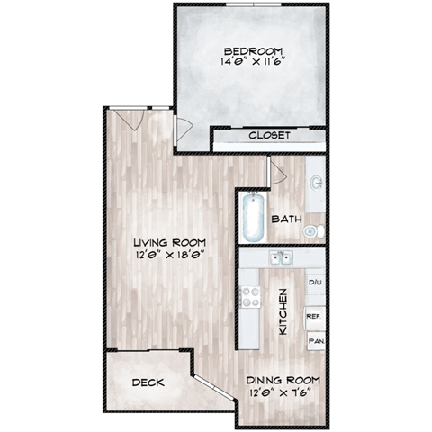 Floor plan for 1 bed, 1 bath, 710 sqft