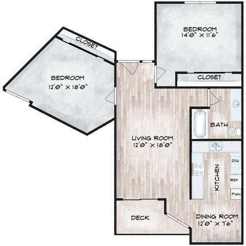 Floor plan for 2 beds, 1 bath, 960 sqft