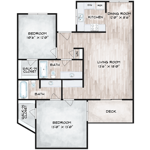 Floor plan for 2 beds, 2 baths, 1000 sqft