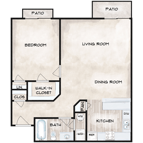 Floor plan for 1 bed, 1 bath, 703 sqft