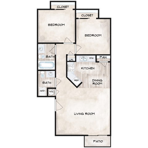 Floor plan for 2 beds, 1.5 baths, 852 sqft