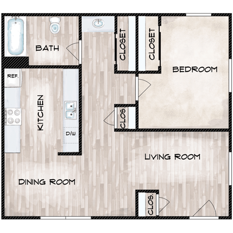 Floor plan for 1 bed, 1 bath, 749 sqft