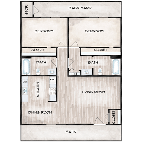 Floor plan for 2 beds, 2 baths, 954 sqft