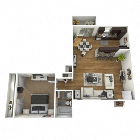 Floor plan for 1 bed, 1 bath, 745 sqft