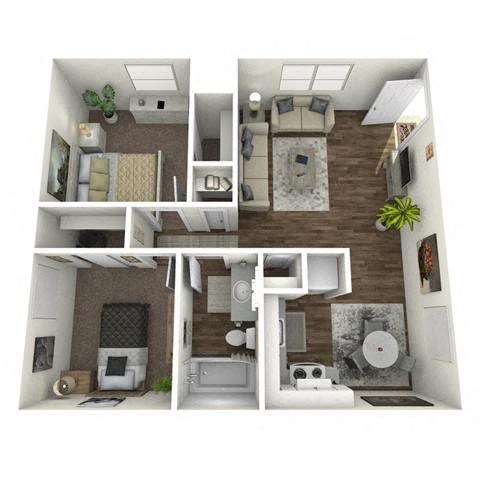 Floor plan for 2 beds, 1 bath, 596 sqft