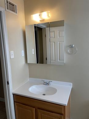 Memphis apartment for rent - A bathroom with a white sink and a mirror.