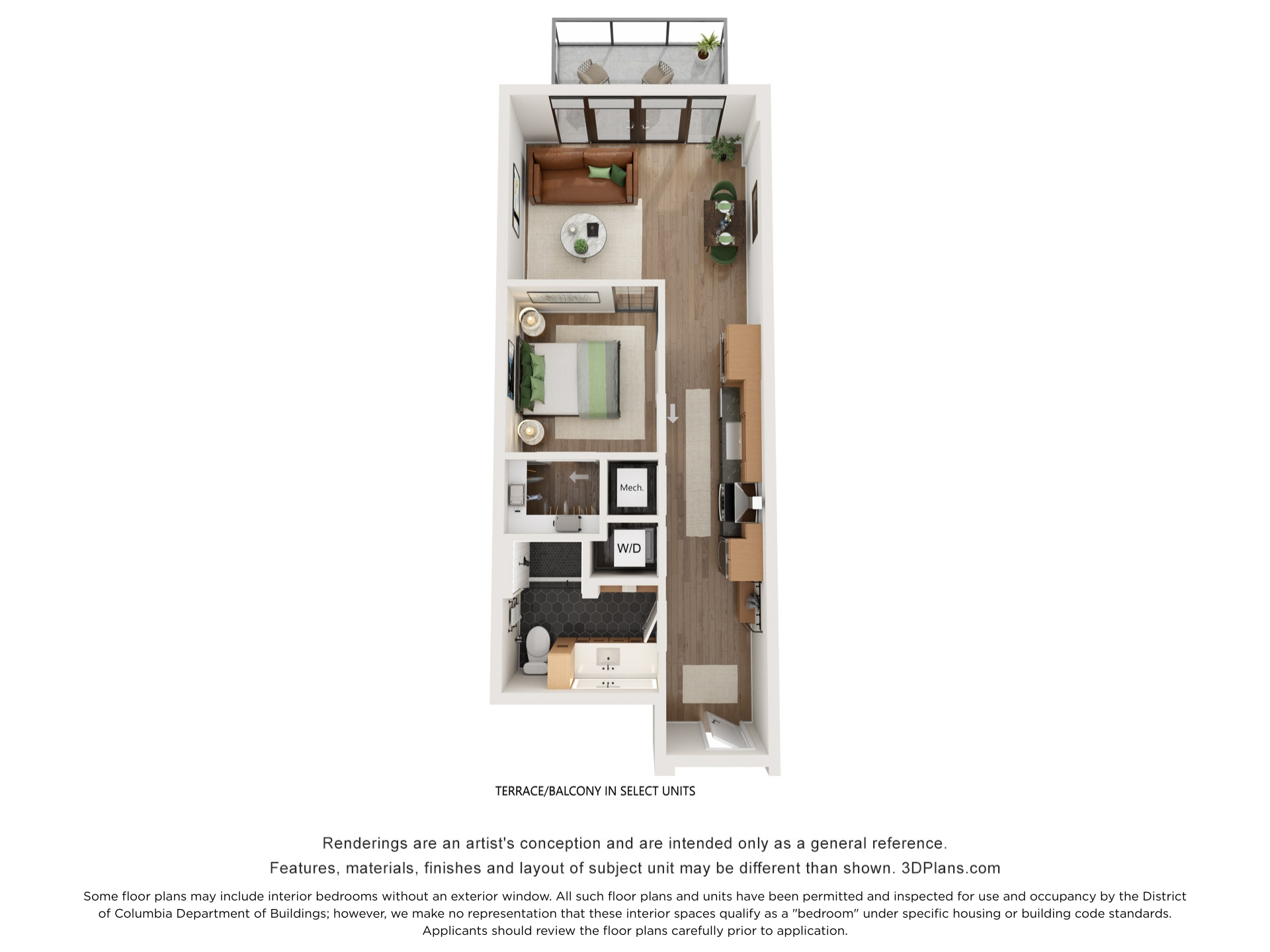 Floor plan for 1 bed, 1 bath, 598 sqft
