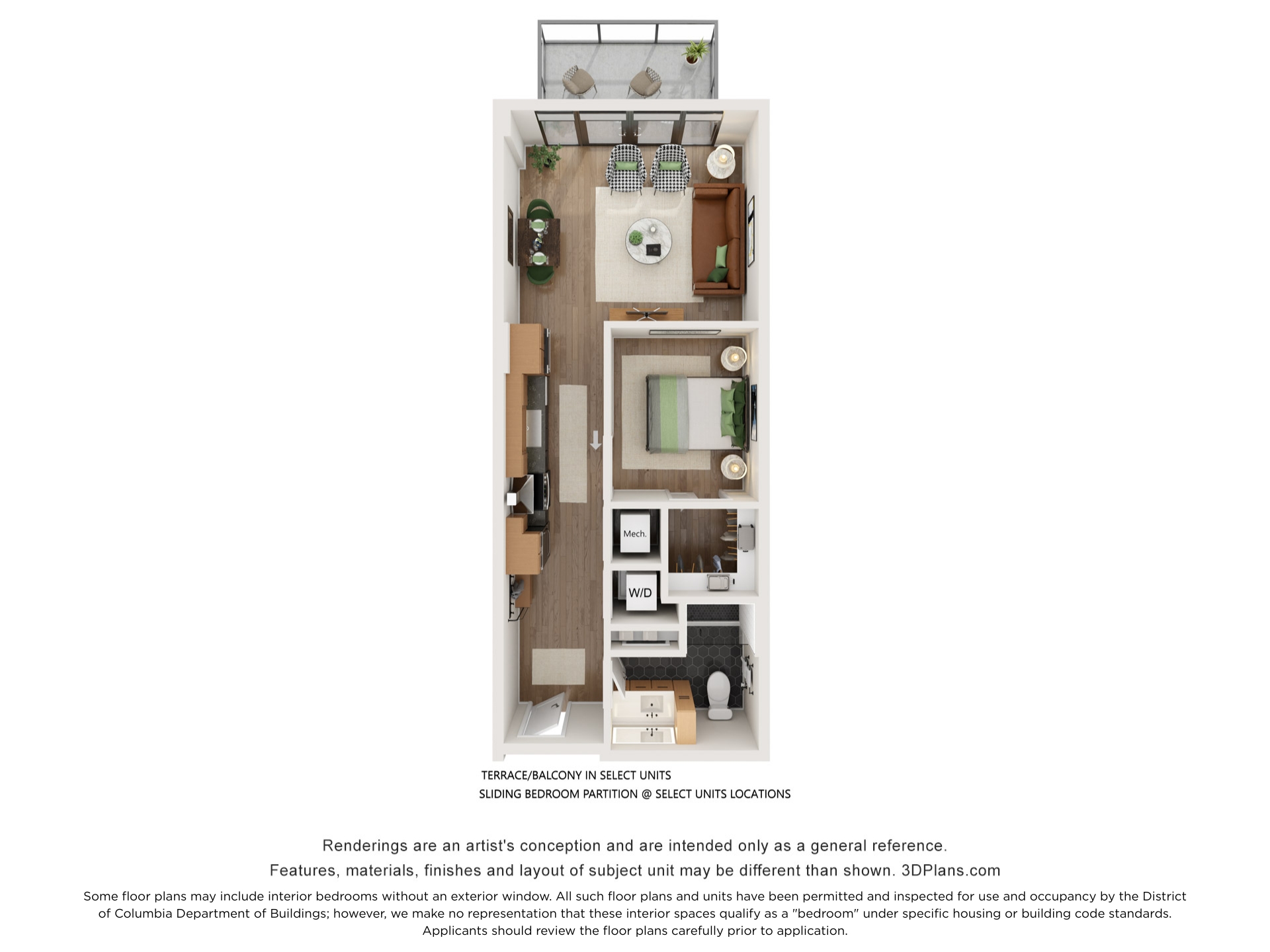 Floor plan for 1 bed, 1 bath, 634 sqft