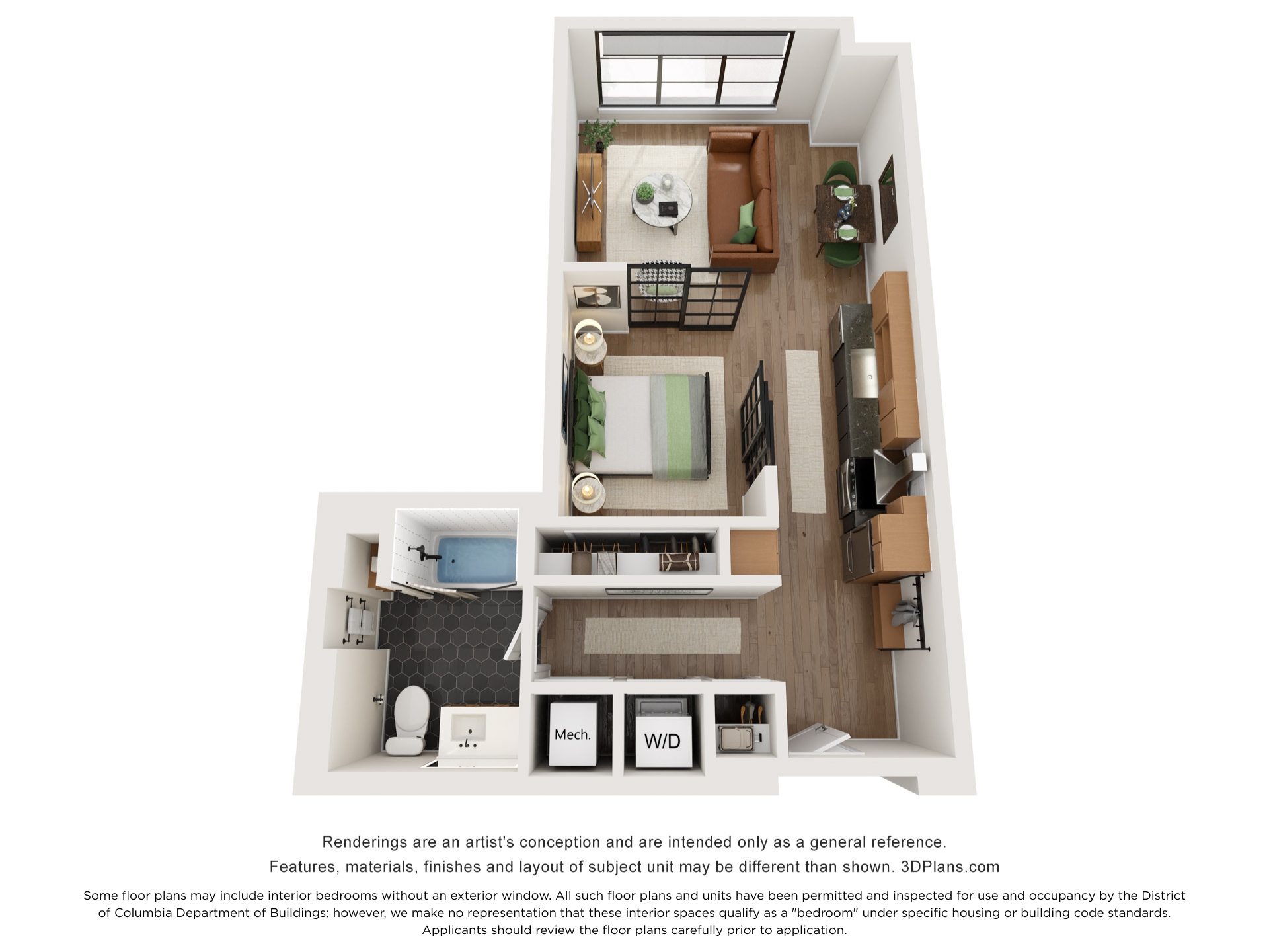Floor plan for 1 bed, 1 bath, 636 sqft
