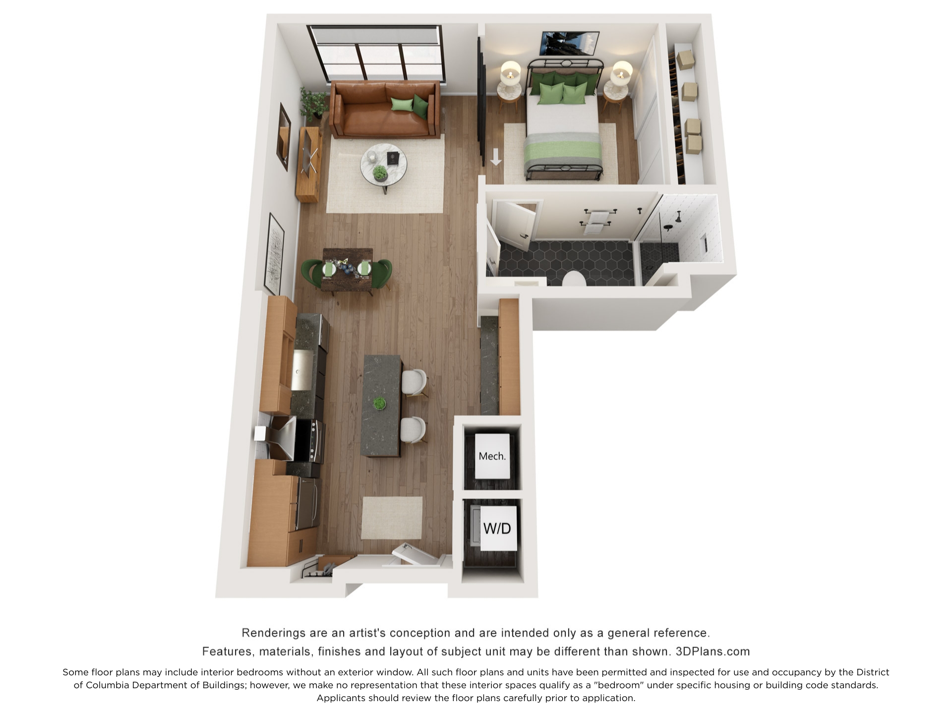 Floor plan for 1 bed, 1 bath, 651 sqft