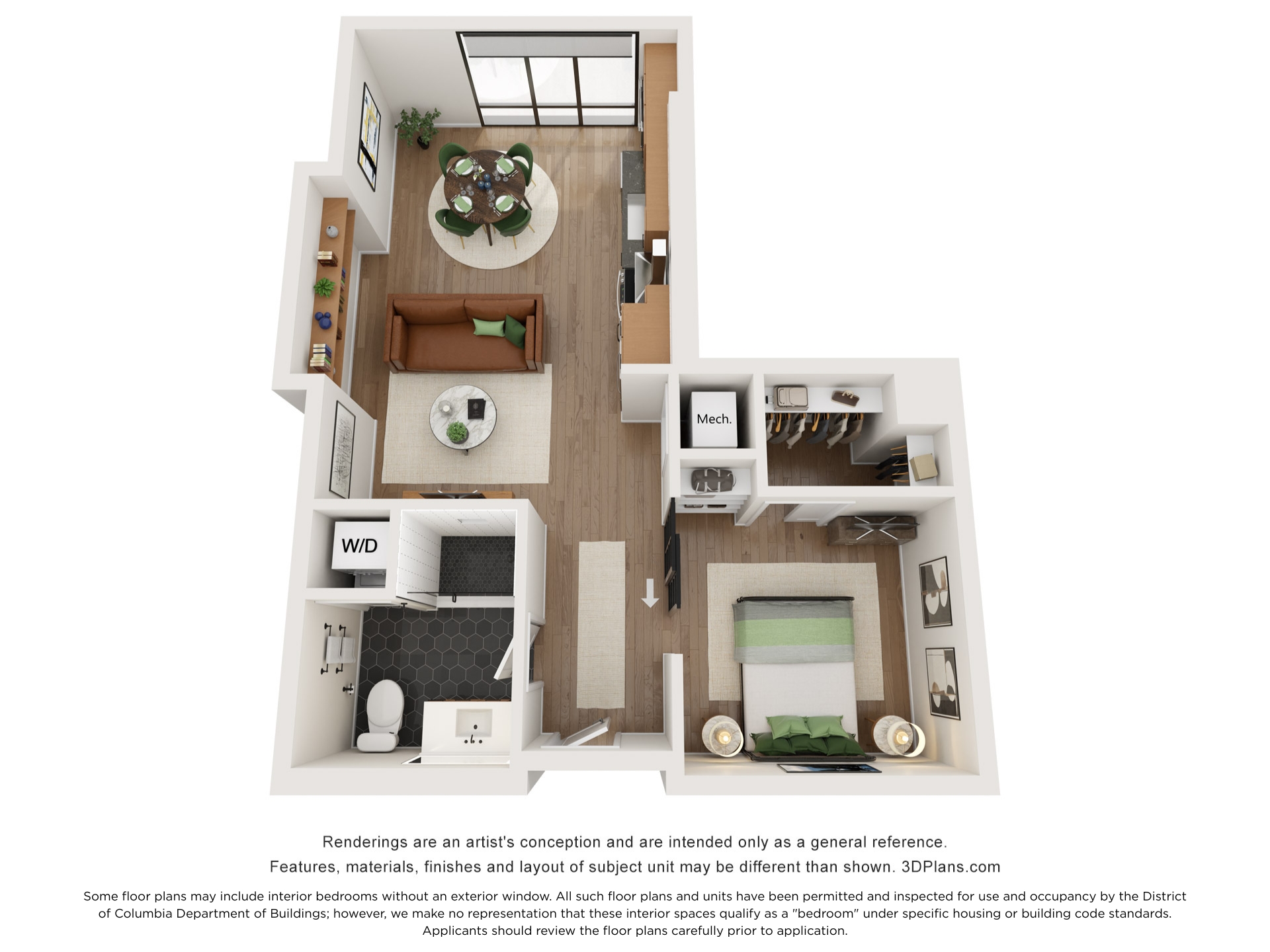 Floor plan for 1 bed, 1 bath, 652 sqft