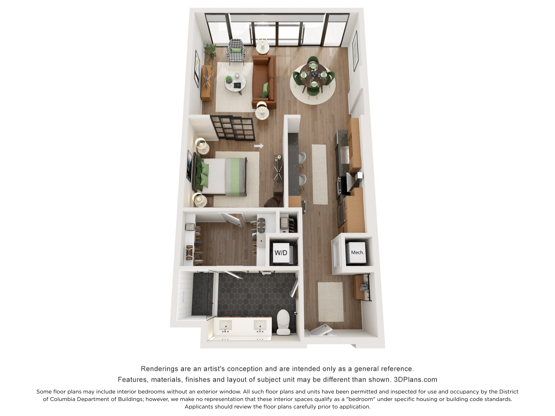 Floor plan for 1 bed, 1 bath, 852 sqft