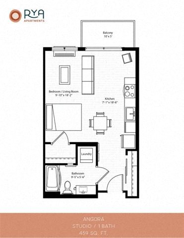 Floor plan for studio, 1 bath, 459 sqft