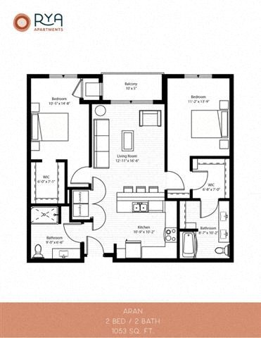 Floor plan for 2 beds, 2 baths, 1053 sqft