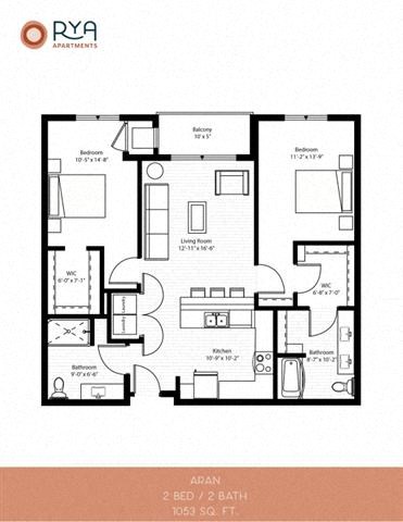 Floor plan for 2 beds, 2 baths, 1053 sqft