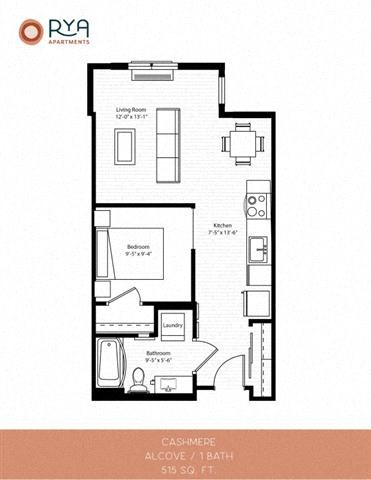 Floor plan for 1 bed, 1 bath, 515 sqft