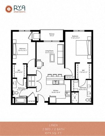 Floor plan for 2 beds, 2 baths, 1079 sqft