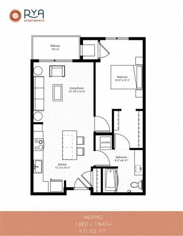 Floor plan for 1 bed, 1 bath, 671 sqft