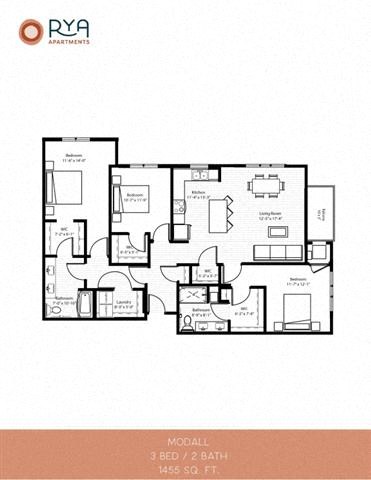 Floor plan for 3 beds, 2 baths, 1455 sqft