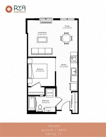 Floor plan for 1 bed, 1 bath, 538 sqft