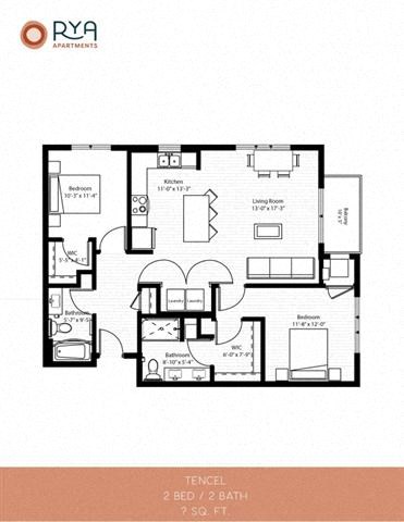 Floor plan for 2 beds, 2 baths, 1053 sqft
