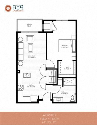 Floor plan for 1 bed, 1 bath, 671 sqft