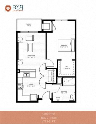 Floor plan for 1 bed, 1 bath, 671 sqft