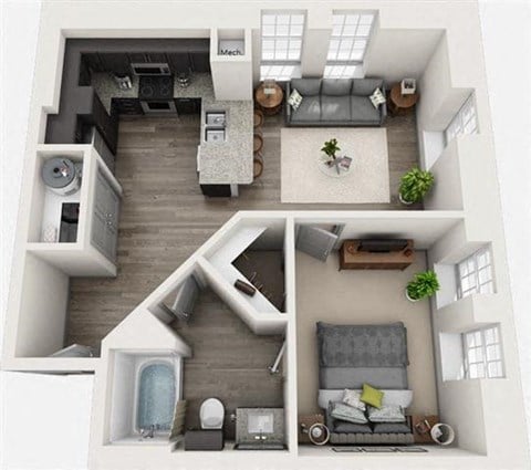 Floor plan for 1 bed, 1 bath, 646 sqft