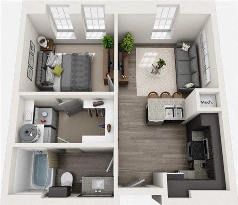 Floor plan for 1 bed, 1 bath, 525 sqft