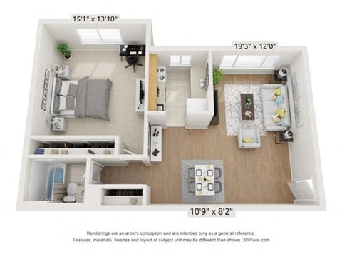 Floor plan for 1 bed, 1 bath, 750 sqft