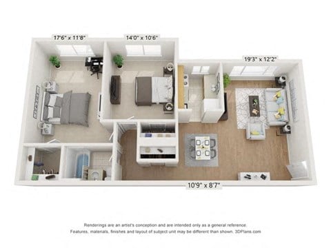 Floor plan for 2 beds, 1 bath, 950 sqft