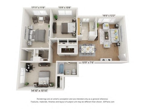 Floor plan for 3 beds, 1.5 baths, 1100 sqft