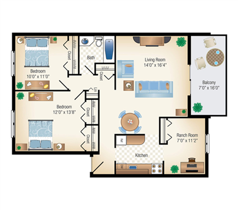 Floor plan for 2 beds, 1 bath, 889 sqft