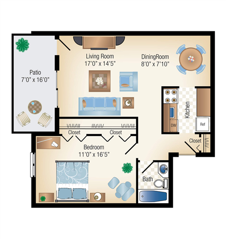 Floor plan for 1 bed, 1 bath, 700 sqft