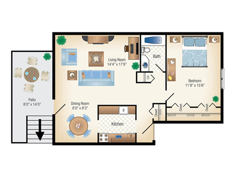 Floor plan for 1 bed, 1 bath, 725 sqft