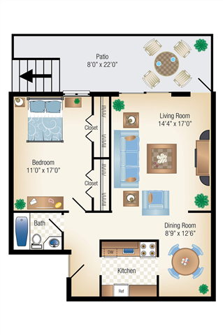 Floor plan for 1 bed, 1 bath, 778 sqft