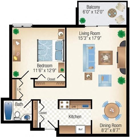 Floor plan for 1 bed, 1 bath, 625 sqft