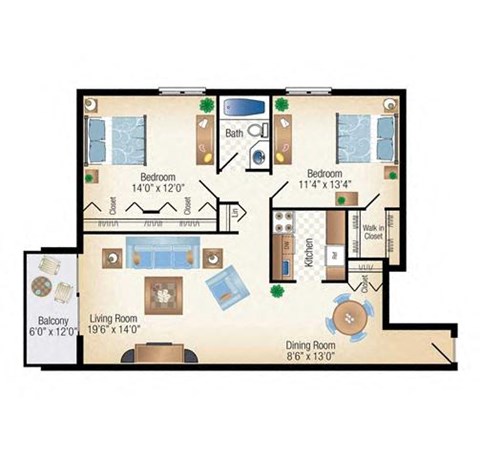 Floor plan for 2 beds, 1 bath, 1025 sqft