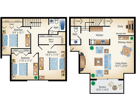 Floor plan for 3 beds, 1.5 baths, 1352 sqft