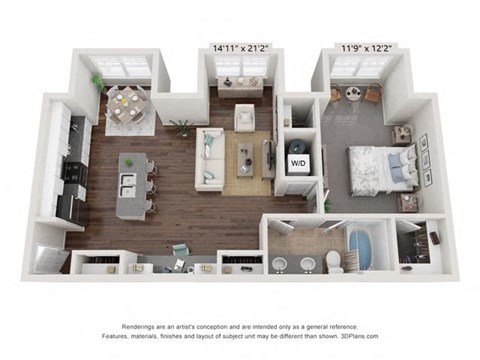 Floor plan for 1 bed, 1 bath, 1044 sqft