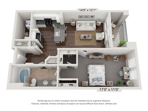 Floor plan for 1 bed, 1 bath, 759 sqft